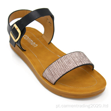 Tanga ajustável Pu feminino sandálias rasteiras casuais